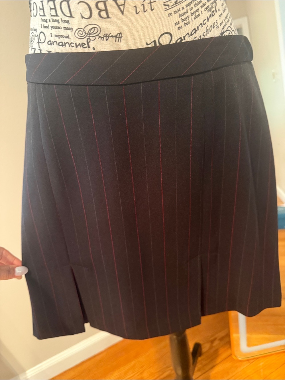 Classic Black Pinstripe Pleated Skirt - Black with Red Pinstripes